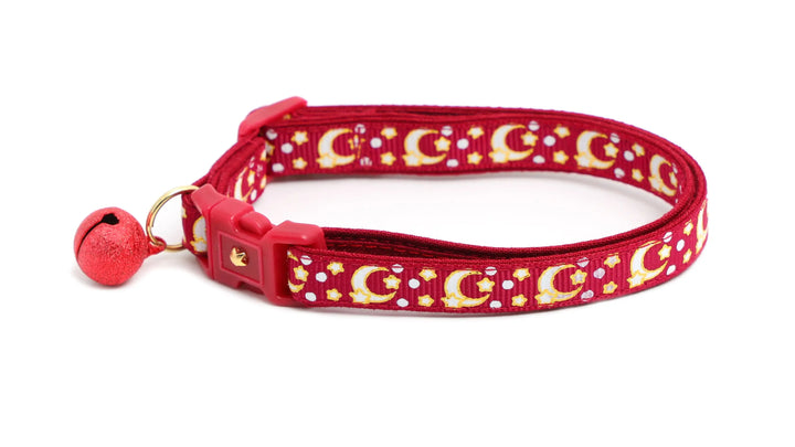 Gold Moons and Stars on Dark Red Cat Collar Pugs2Persians