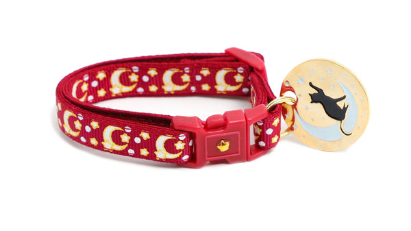 Gold Moons and Stars on Dark Red Cat Collar Pugs2Persians