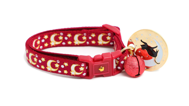 Gold Moons and Stars on Dark Red Cat Collar Pugs2Persians