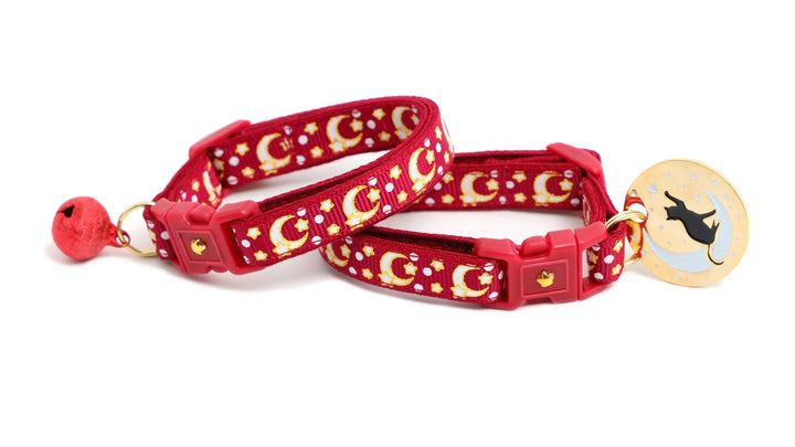 Gold Moons and Stars on Dark Red Cat Collar Pugs2Persians