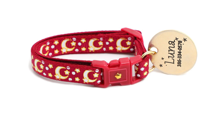 Gold Moons and Stars on Dark Red Cat Collar Pugs2Persians