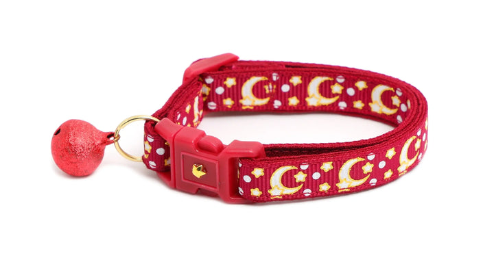 Gold Moons and Stars on Dark Red Cat Collar Pugs2Persians