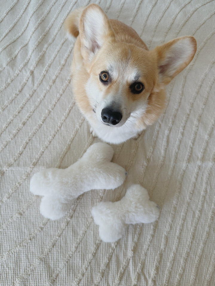 Natural Sheepskin Dog Toy - Bone - White-3