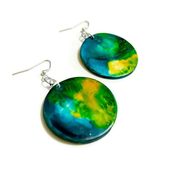 Northern Light Earrings, Abstract Statement Disc Earrings Handmade, Large Clay Earrings Painted Alcohol Ink, Northern Canada Newfoundland-0