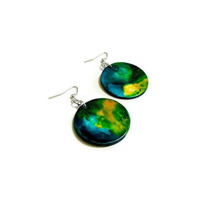 Northern Light Earrings, Abstract Statement Disc Earrings Handmade, Large Clay Earrings Painted Alcohol Ink, Northern Canada Newfoundland-1