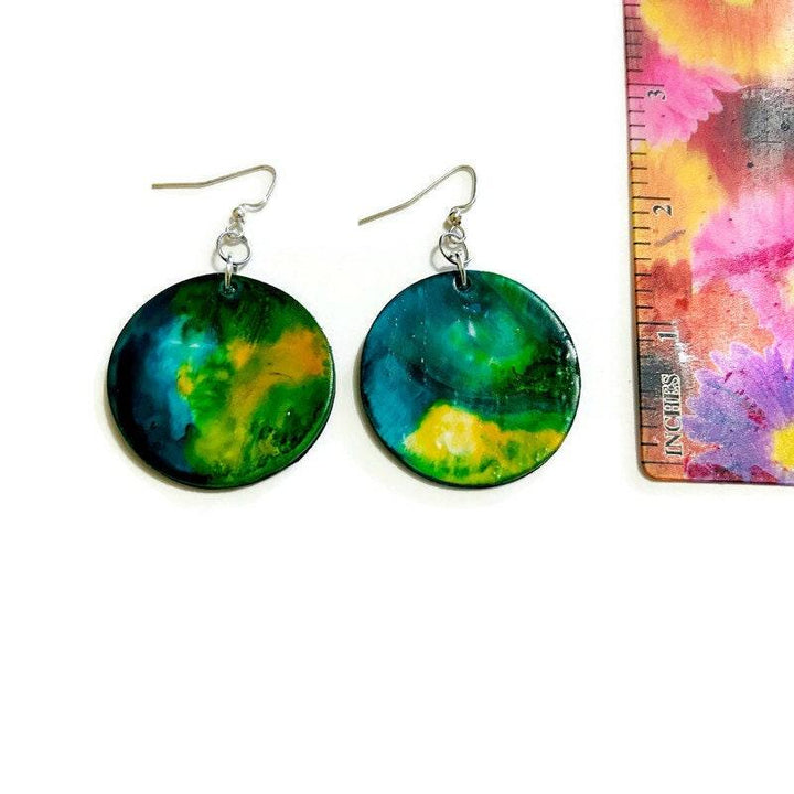 Northern Light Earrings, Abstract Statement Disc Earrings Handmade, Large Clay Earrings Painted Alcohol Ink, Northern Canada Newfoundland-2