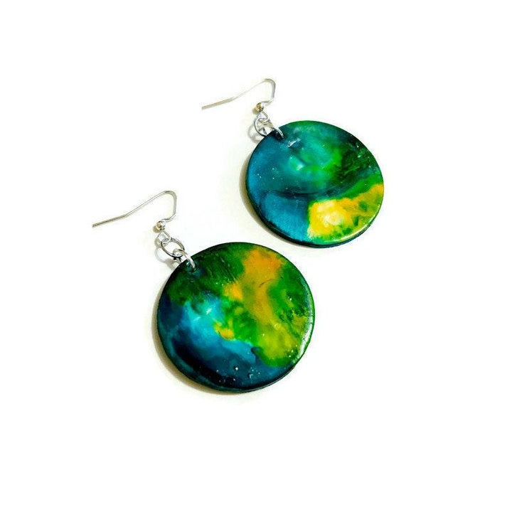 Northern Light Earrings, Abstract Statement Disc Earrings Handmade, Large Clay Earrings Painted Alcohol Ink, Northern Canada Newfoundland-3