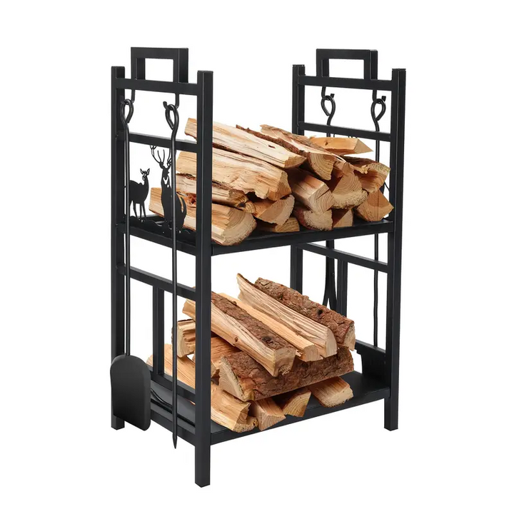 2-Tier Firewood Rack with Hooks-2