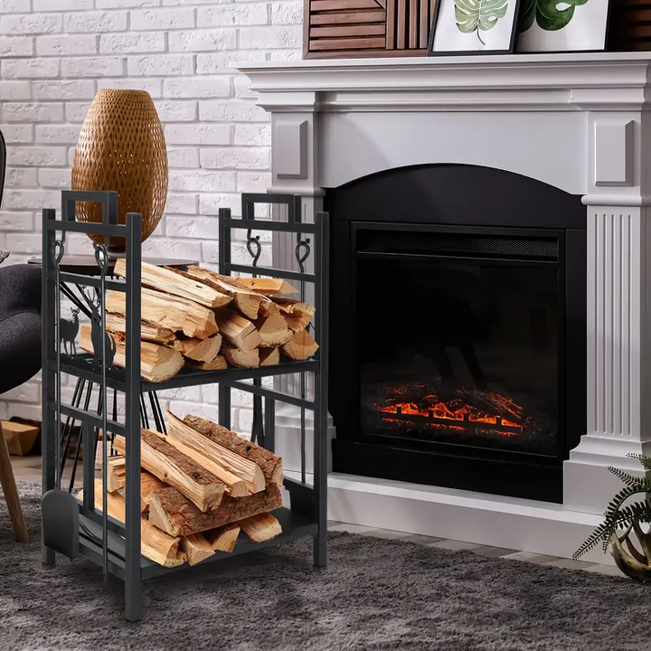 2-Tier Firewood Rack with Hooks-3