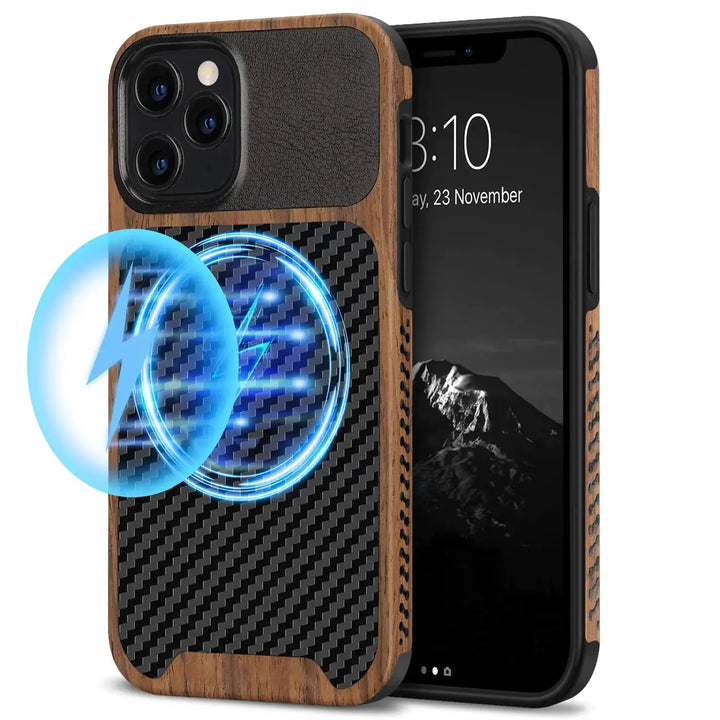 TENDLIN Compatible with iPhone 12 Case/iPhone 12 Pro Case Wood Grain with Carbon Fiber Texture Design Leather Hybrid Case Black My Store