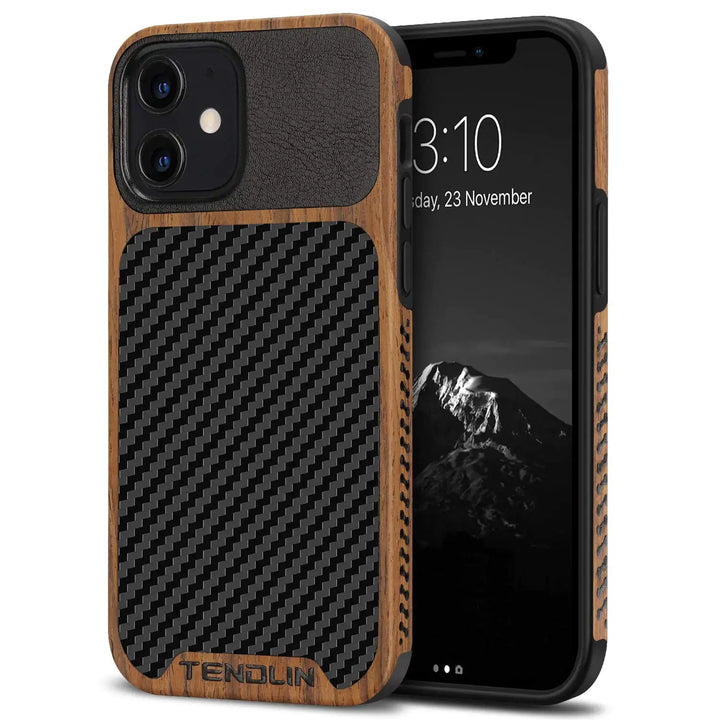 TENDLIN Compatible with iPhone 12 Case/iPhone 12 Pro Case Wood Grain with Carbon Fiber Texture Design Leather Hybrid Case Black My Store